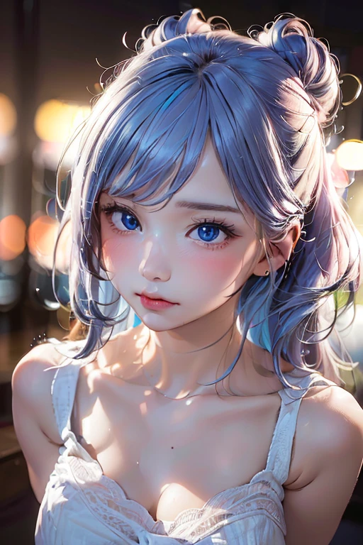 a 22 year old woman with gradient light blue and pink fluffy hair, soft lilac eyes, blue lipstick, messy bangs, freckles, gentle expression, white winter clothing, cotton headband, detailed face, beautiful detailed eyes, beautiful detailed lips, extremely detailed eyes and face, long eyelashes, (best quality,4k,8k,highres,masterpiece:1.2),ultra-detailed,(realistic,photorealistic,photo-realistic:1.37),digital art, vibrant colors, dramatic lighting, cinematic