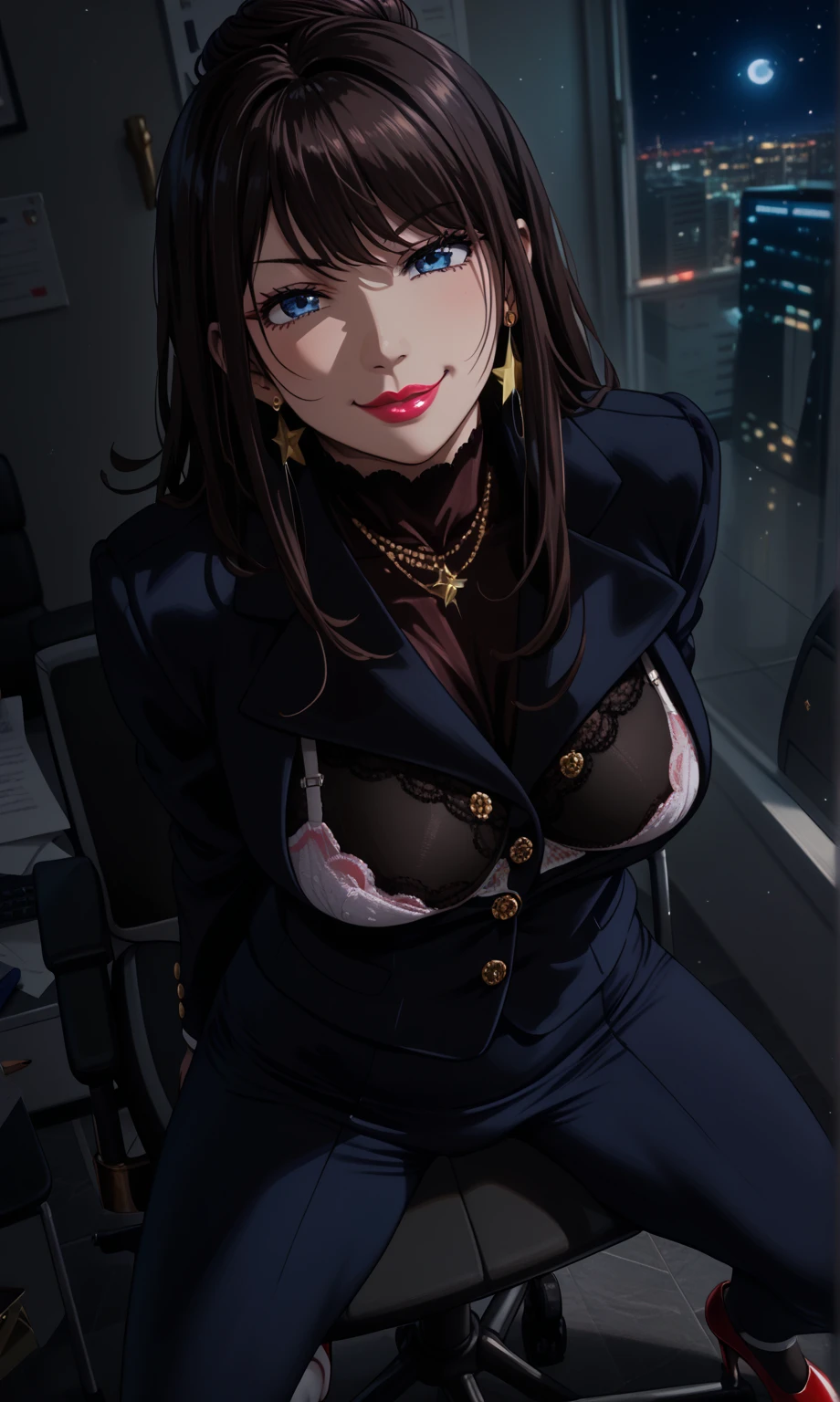 NSFW, LWRD, In a dimly lit office, Governor Rottenmeier, a stunning 35-year-old femme fatale, sits confidently at her table, exuding an aura of mystery and menace. Her athletic physique is showcased by the tight black coat and mini skirt, while her perfectly beautiful body glows under the soft light. A sly smile plays on her lips as she brandishes a sharp, lustrous black karambit knife, its edge glinting menacingly in the faint glow. Her short black hair frames her detailed face, with intense blue eyes and arched eyebrows that seem to pierce through the darkness. The air is thick with a sense of foreboding as she gazes seductively at him with lewd eyes that hide a murderous intent, her dark red lipstick glistening like a siren's call.