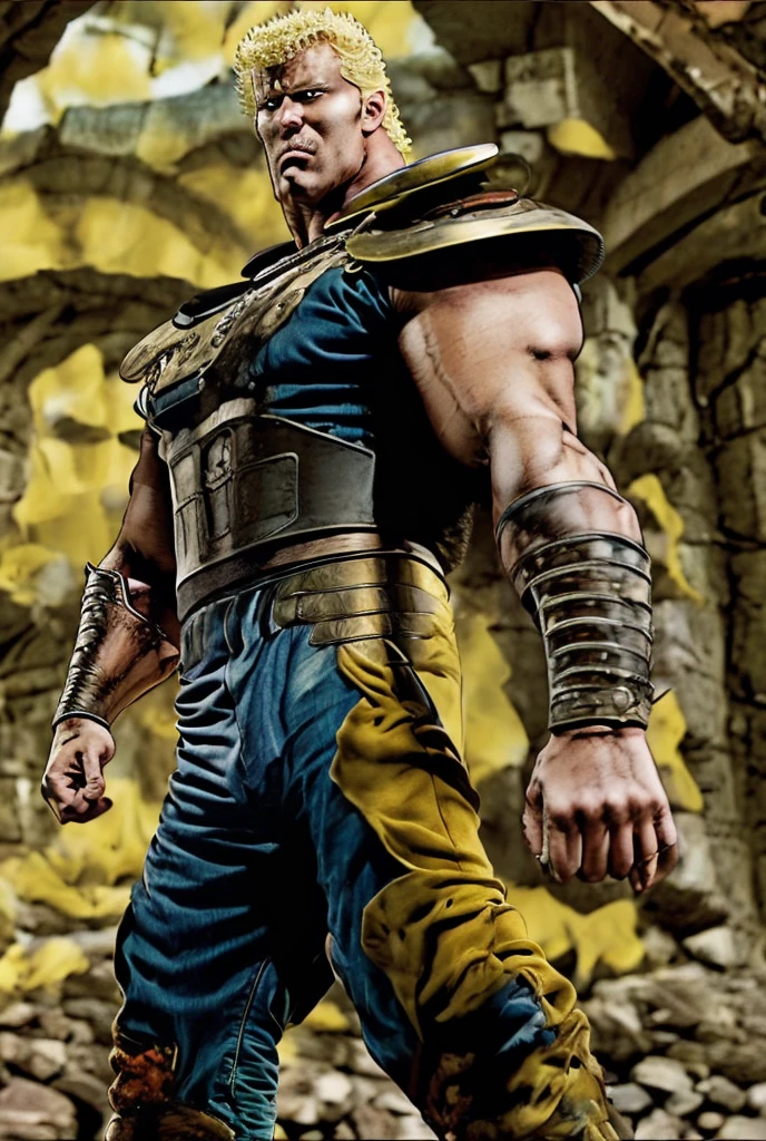 8k images、Raoh from Fist of the North Star(:1.5)、doping、Muscular、Fearless confidence、The face of resentment、Glaring at me、Glowing Eyes、Physique of bodybuilders、Black Cape、Abandoned building、strobe、Black background、Head close-up、whole body、Stand with your legs spread、Fighting Pose、whole bodyから立ち上る湯気、fighting spirit、Halo、Ruins of the battlefield、Spread your arms
