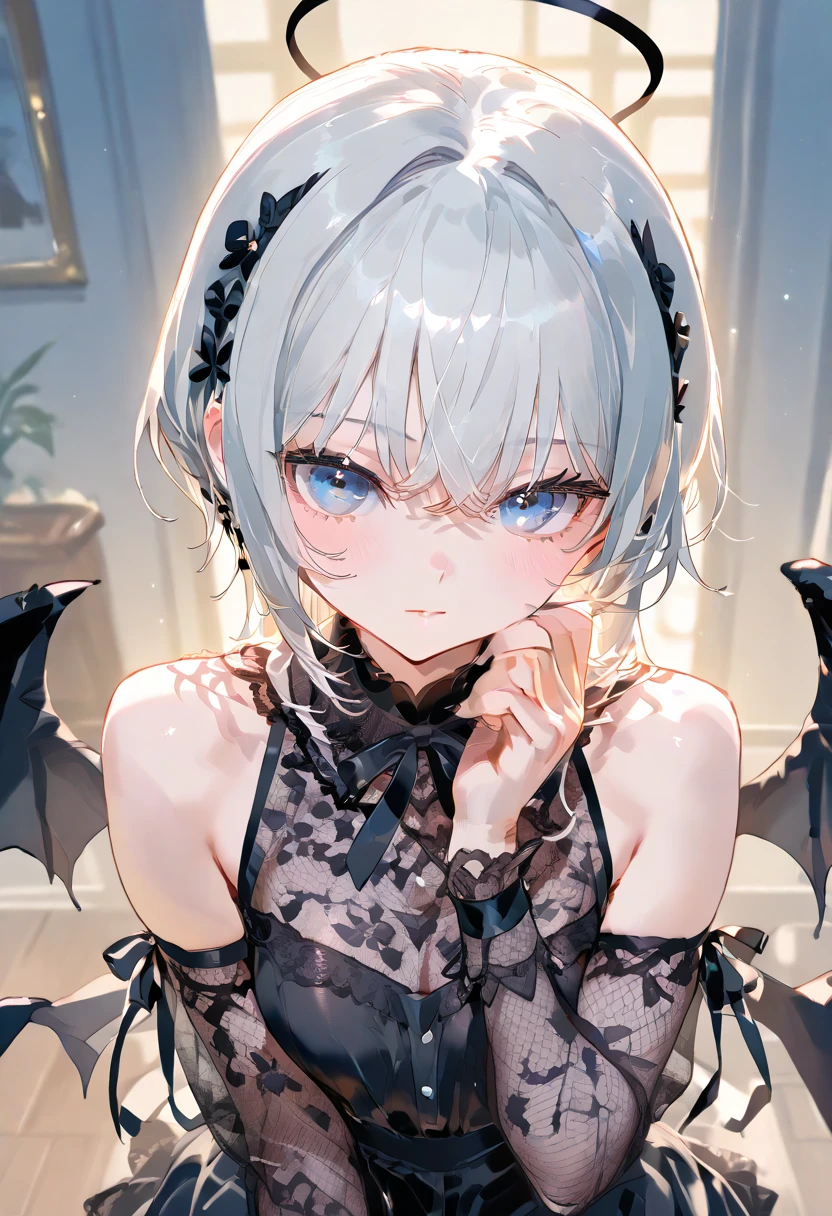 8K, masterpiece, best quality, best resolution, ultra detailed, a young girl, vampire, anime style, official art, upper body, view straight on, focus on eyes, head tilt, medium hair, wavy hair, silver hair, bangs, light smile, beautiful and detailed eyes, red eyes, beautiful and detailed face, short dress, blue sky, petals