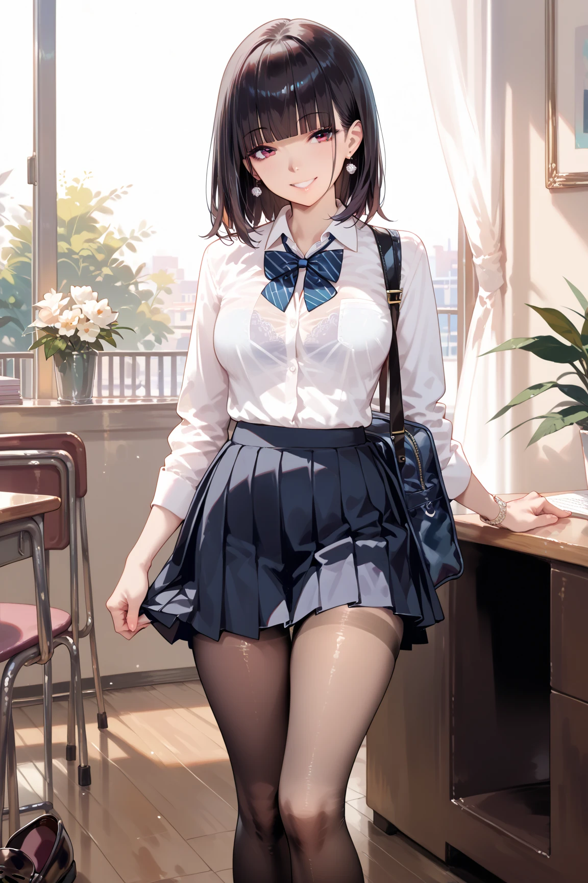 masterpiece、highest quality、1 girl、high school girl、18-year-old、Perfect Face、Shiny skin、Random Uniform、(Short Hairstyles)、Big eyes、tall)、Beautiful Hair、Beautiful Eyes、Perfect proportions、Beautiful thighs、Beautiful legs、Beautiful fingers、((High-quality fabric、brown knit vest、Short sleeve white collar shirt、Navy Pleated Skirt、A bow tie))、After school in the classroom、(smile)、(((((Skirt Lift、Panties and pantyhose are visible)))))