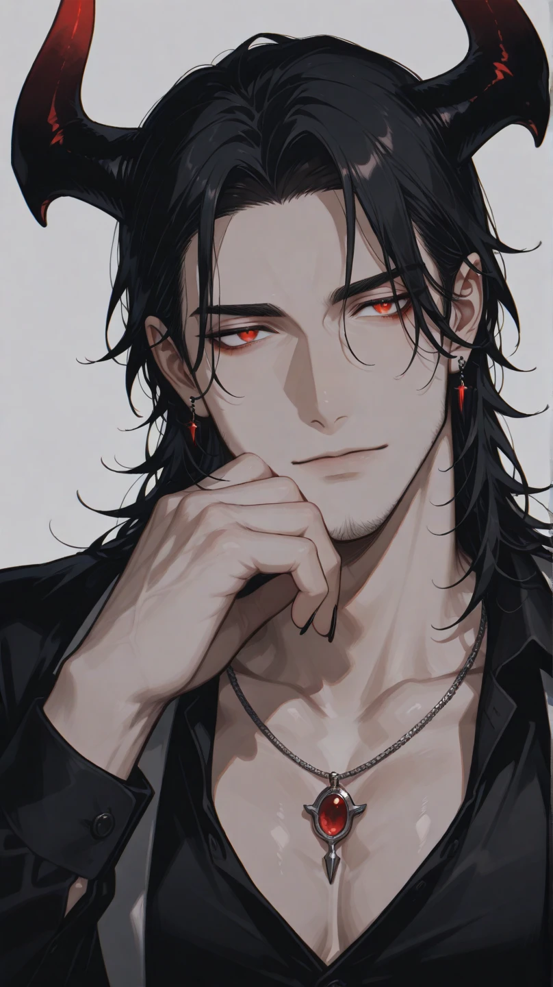 1 male, prisioner, long black hair, red eyes, handcuffed, hands behind back, on his knees, shirtless, bowed, looking up, gesugao, evilness, malice and sadism facial expression, cocky smile, threatening smile, evil look, prision cell background, dark cell, chained, chains, dungeon, no light, stone wall with chains, stone roof, no windows, dark, no lights. Sadistic laugh, wide open eyes, laughing with mouth open