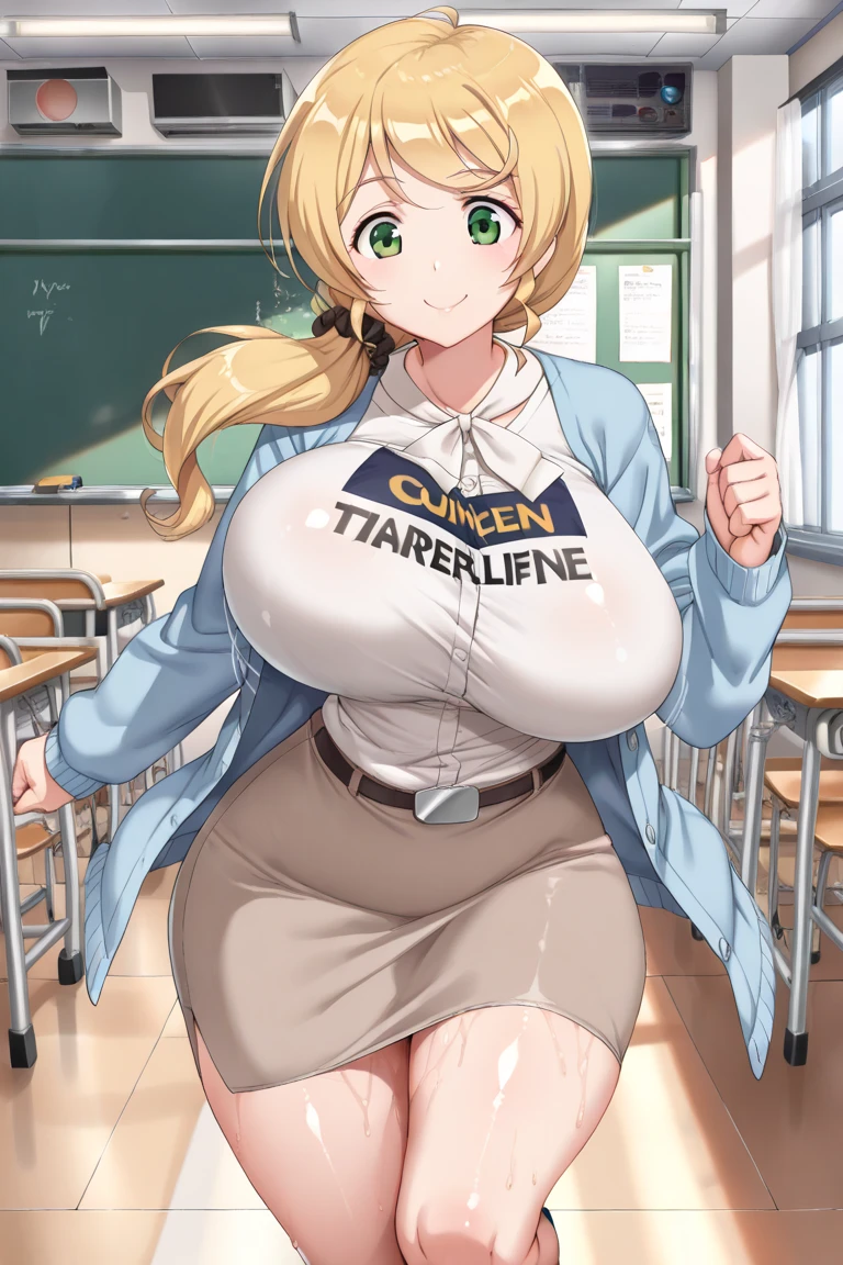 masterpiece,1 girl,alone,smile,Yellow Side Tie Bikini,Black thigh-highs,(Huge breasts:1.4),Elementary school classroom,