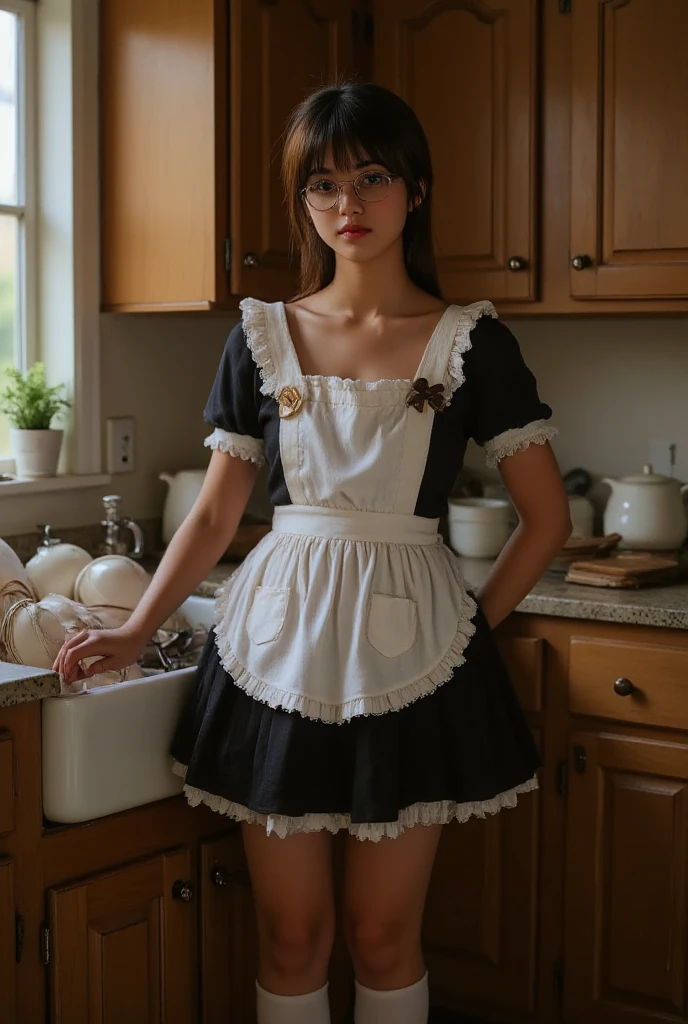 ((Highest Quality、masterpiece、high sensitivity、high definition、detailed depiction、depicting a delicate face、Fvalue:6.0),((Slender Woman、wearing glasses)),maid clothes、 apron skirt 、high socks、The kitchen sink is a large amount of dishes after meals、After that, tazuke、