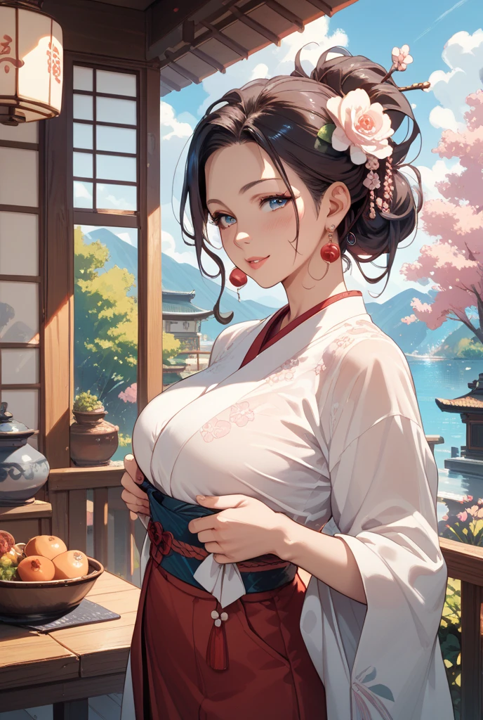 Blushing warrior Mulan in a kimono, Beautiful breasts