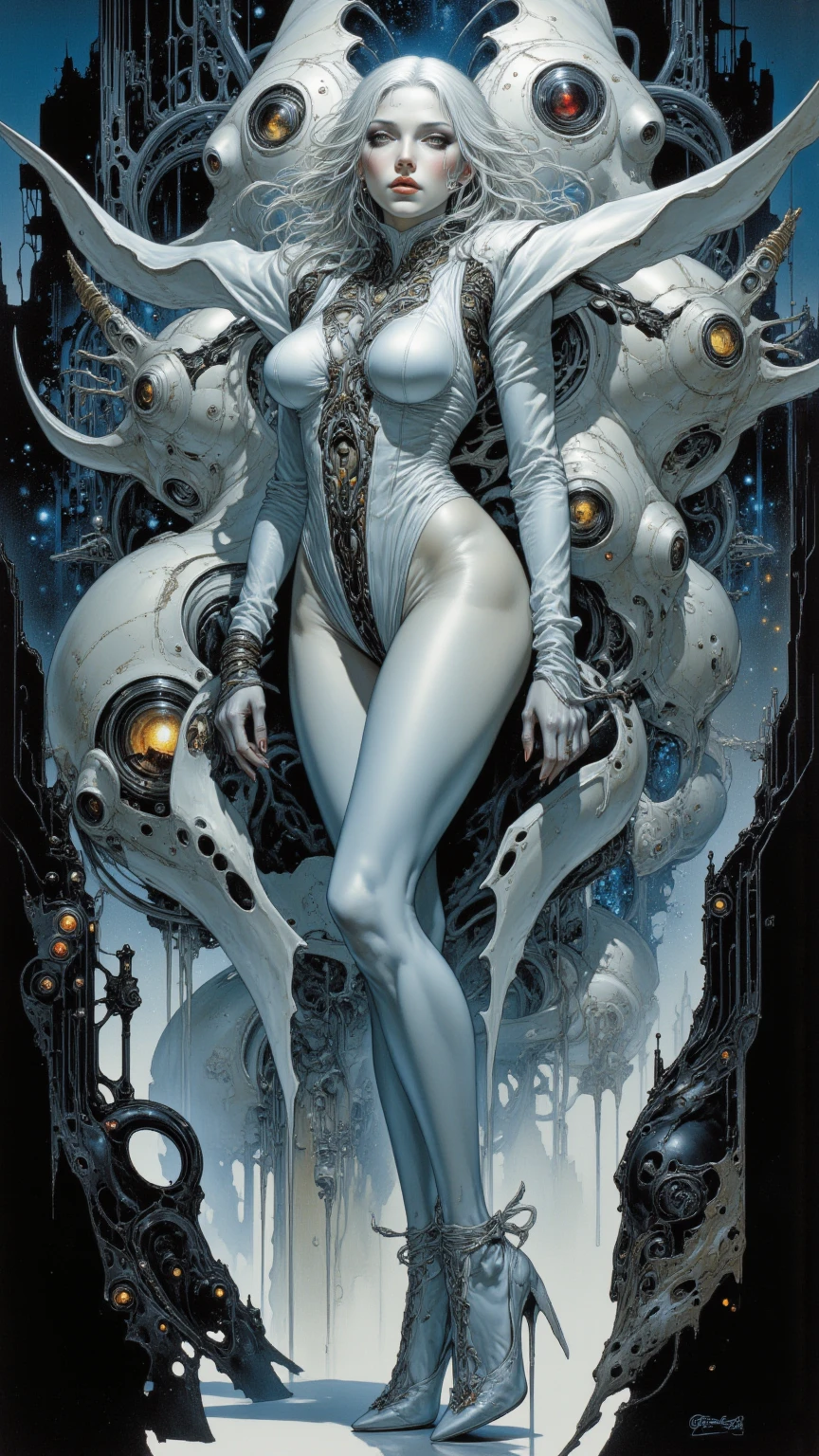 (long legs, thick thighs, narrow waist:1.2, wide hips:1.4), sexy mature, (thick lips), lipstick, long eyelashes, detailed face, detailed body, (thin toned body, futuristic bioluminescent suit, crystalline skin, neon lighting from below), platform heels