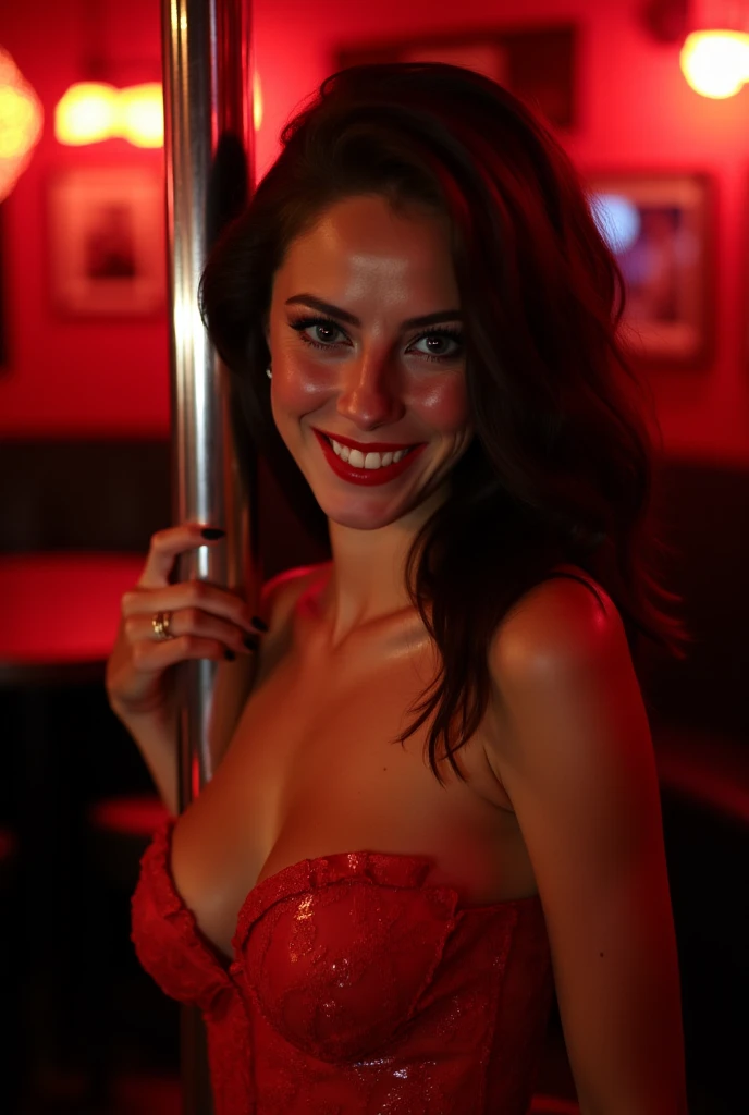 22yo perfect hungarian brunette girl with sporty fit body in an empty bar, she is wearing a body fit modern red transparent mini body and stockings, 8k, uhd, detailed face, body, teeth, happy smile, full body picture, she is lifting skirt, down panties