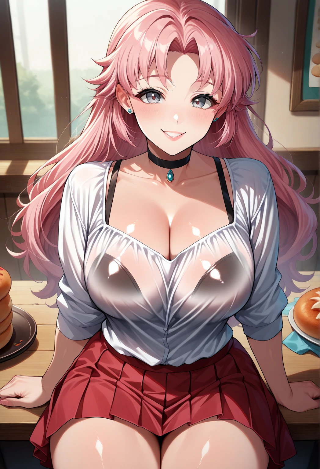 Cafe with an ocean view, Day,Windows,Sitting on the couch, Beige shirt,mini skirt, Put your arms behind your back, Hands behind back,clavicle, chestの谷間, black eye, Pink Hair,bangs,Single Blade, 1 girl, 20 years,young woman,beautiful Finger,beautiful long legs,beautiful body, beautiful Nose,beautiful character design, perfect eye, perfect face,expressive eye,Perfect balance, View your viewers,(Focus on her face),Mouth closed, (Innocent_big_eye:1.0),(Light_笑face:0.3), Official Art,Very detailed CG ユニティ 8k 壁紙, Perfect lighting,colorful, bright_front_face_Lighting,White skin, (masterpiece:1.0),(Highest_quality:1.0), 超High resolution,4K,Very detailed, photograph, 8k, High resolution, High resolution, Absurd:1.2, Kodak Portrait 400, Film Grain, Blurred Background, Bokeh:1.2, Lens flare, (Vibrant_color:1.2),プロのphotograph, (beautiful,big_chest:1.5), (beautiful_face:1.5),(narrow_Waist),