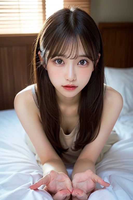a lot of details, (underweight), 30 years old, detailed black hair, beautiful detailed hair, super fucking beautiful, delicate beautiful face, complex details beautiful and delicate eyes, perfect hands, (flat chest best quality:1.5), perfect and delicate limbs, detailed skin, best quality, ultra-detailed,(cheerful grin:1.3),
shy, flushed cheeks, sitting, flipped hair, (pink halter top), skirt, Happy Scene, in the room, with a bed, cowboy shot, from front, from below