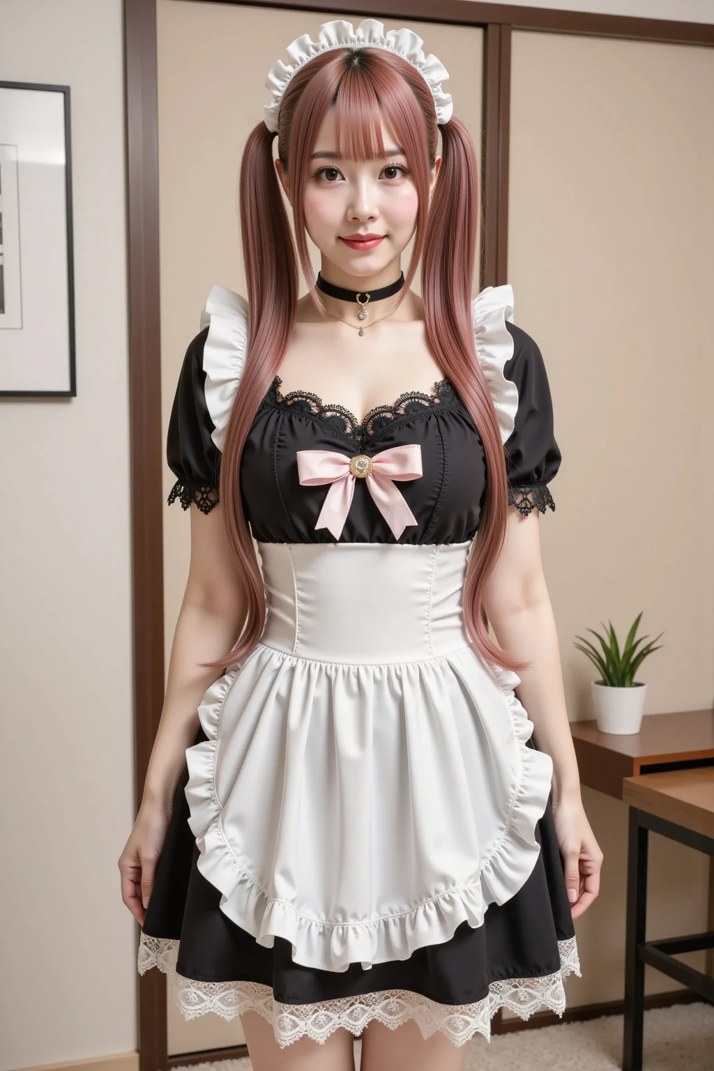 One girl, apron, bow, cube hair ornaments, dress, Frills, dark (Performance), hair ornaments, heart, heart hands, Long Hair, avert your eyes, Maid, Maid apron, Maid headdress, Mary Jane, One side up, Pink Hair, Shadowed face, shoes, short dress, alone, Sweat drops, Knee socks, white Knee socks, zettai ryouiki,