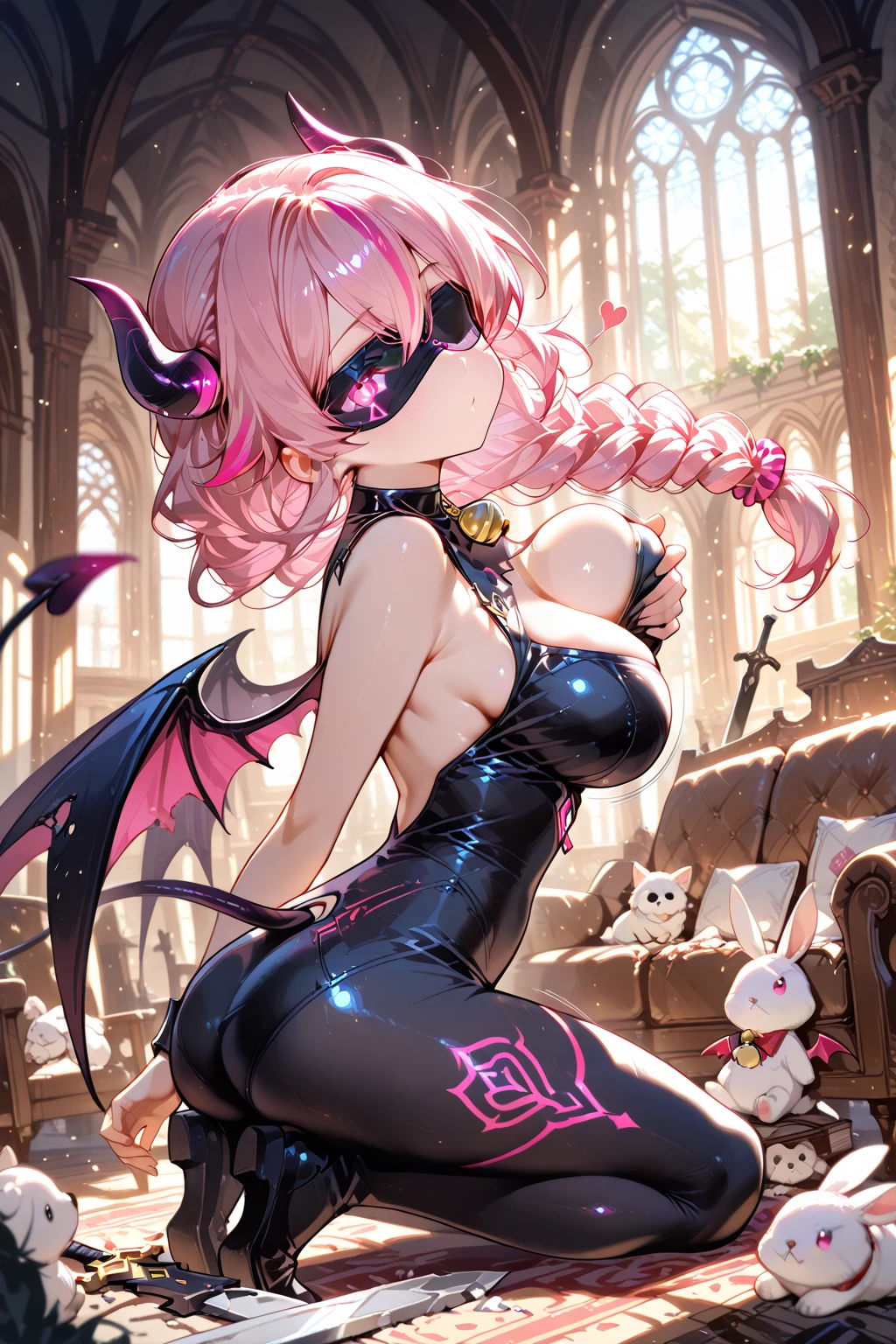 Masterpiece, high quality high detail, tentacles, 1 succubus, arousal, (suspended in the air:1.2), pink skin, tattoo above crotch, (tentacled:1.2), stockings, (demonic horns:1.2), dungeon, (tentacles caress crotch:1.2), masterpiece, best quality, camel finger, erotic