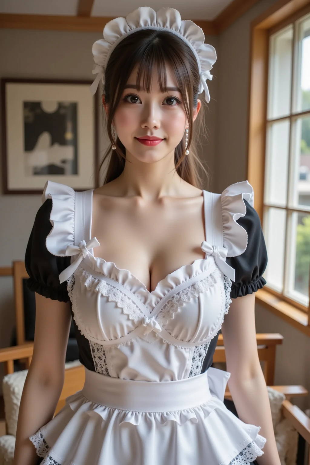 (1young girlrown hair, Amazing face and eyes, Pink eyes, seducting smile, (Maid café costume with frills, Pleated mini-skirt:1.5), (Wide open maid cafe costume:1.2), bared chest, (amazingly beautiful girl), Brown hair, Stylish hair ornamen Quality:1.4), (Ultra-detailed), (extremely detailed CG unified 8k wallpaper), Highly detailed, High-definition raw color photos, Professional Photography, depth of fields, (View from below),