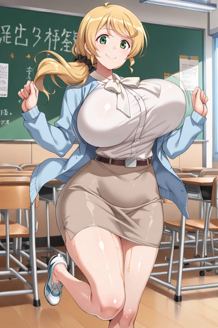 1 Girl,high school girl,RAW Photos,High-cut underwear,Low Angle(pubic hair),smile,wink,cameltoe,from below:1.3,pointybreasts,School Swimsuit,Highest quality, Ultra-high resolution:1.3,Brown Skin(Highly detailed face and eyes,very fine and beautiful skin),blonde, Black gal, Highest quality:1.3,(masterpiece), (Very detailed8K:1.1),Very detailed,Cinema Lighting, Detailed light, Best Shadow, Dynamic Angle,Super big breasts:1.6, Name tag on the chest,Plump thighs,紺色の School Swimsuit,Indentation:1.1,,In the classroom