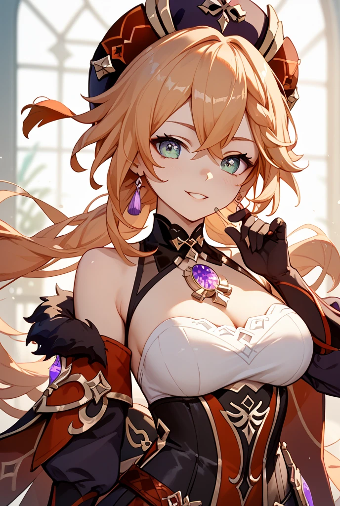 masterpiece, best quality, 1girl, <lora:spgbfGalleon:1> galleonlco, horns, blindfold, black dress, cleavage, cleavage cutout, thigh strap, blue background, floating hair, flower, from side, petals, portrait, closed eyes, closed mouth, expressionless, facing viewer, hands up, holding, holding flower, solo