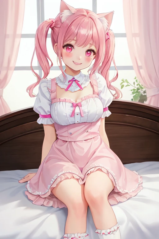 A beautiful ta girl sitting on the bed with her legs open, anime girl, in the room, home interior, pastel pink loliress, short sleeves, a pair of short socks, choker with a bow, short white gloves, lolita s fashion, pink panties, dark brown hair, long wavy hair, two pigtails, swept bangs, hair ribbon, aqua eyes, bright eyes and pupils, pink lips, glossy lips, blush, earrings, big round breasts, thin waist, perfect arms, defined thighs, thin legs, raised knees, legs open, looking at the viewer, flirty smile, shows her panties, I can see your panties, upskirt, masterpiece, high definition, natural light, high detail, anime, dithering, image fill, perspective, Wide-Angle, f/1.8, 85mm, Sony FE GM, 8k, 8k wallpaper, super detail, highly detailed CG, UHD, retina, masterpiece, accurate, anatomically correct, textured skin, highres, best quality:1.3, 16k