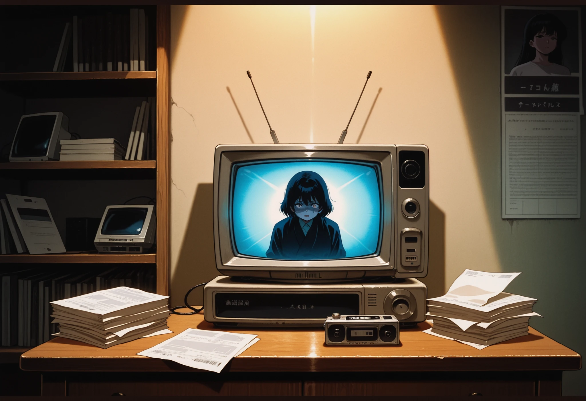 A dimly lit, old archive room filled with dusty shelves of vintage videotapes and papers. A retro analog tape recorder sits on a wooden desk emitting a faint glow. The screen of an old CRT monitor in the corner flickers with a distorted face. No characters visible — only atmospheric tension. Style: retro anime from the 90s, soft film grain, cold tones, cinematic horror atmosphere, muted colors, mysterious lighting,,masterpiece,best quality,amazing quality,