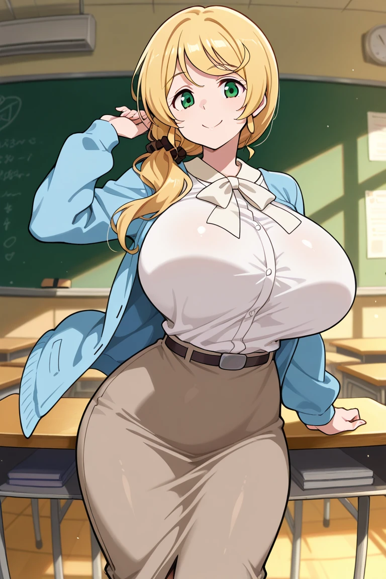 (超High resolution,4K,Very detailed, photograph, 8k, High resolution, High resolution, Absurd:1.2),24 year old Japanese woman,teacher,Mature Woman,blonde,ponytail,Beautiful character design,Beautifully detailed eye depiction,Perfect Face,Expressive eyes,Green Eyes,(Slim glasses in the frame:0.6),Please smile with your teeth showing,(White lace blouse),(Black tight skirt),(Huge breasts:1.0),Tight waist,The classroom was empty.,Daytime