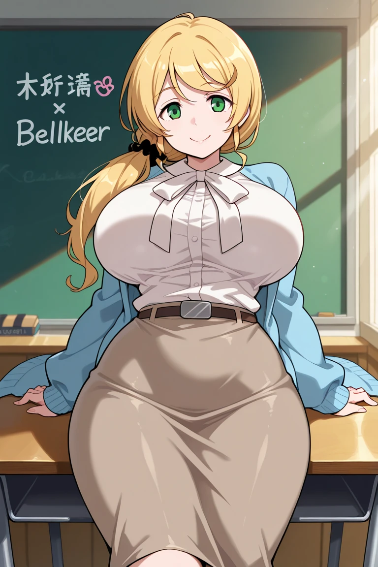 (1milf, solo), sitting, (sleeveless shirt, hotelman uniform, bow tie), French twist updo, embarrassing big smile, (masterpiece best quality), delicate illustration ultra-detailed, sagging gigantic huge breasts, (customer service counter), check-in counter, background, ((showing hairy armpit hair)), thick makeup, upper body only, pamphlet, (in hotel lobby), sweating, hand behind head, tablet, stomach hair, dark blonde hair, pen holder on desk 