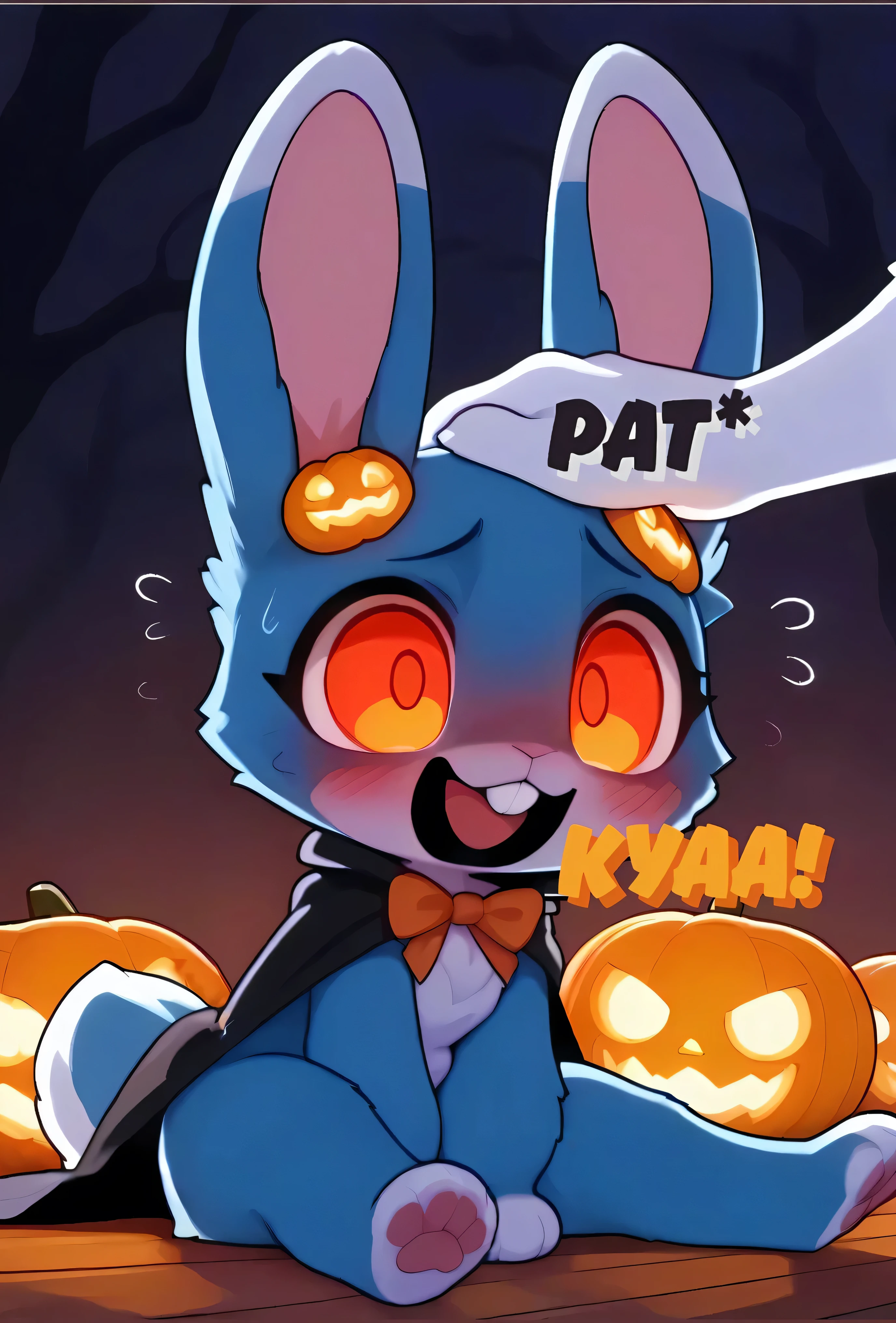 [🐰KuroRabbi] [Mini-Cute Style] - masterpiece, ultra-detailed, 4K render, Halloween night, warm cozy candlelight, glowing jack-o-lanterns, wooden floor, spooky but cute indoor setting, 2_characters, KuroRabbi and ghost_girl together, two characters, chibi style, anime illustration, headpat moment, soft glowing shadows, magical pumpkins, ghost plushie in the background, warm ambient lighting, (Horror settings:1.8), BREAK. [(character_1 rabbit, KuroRabbi, rabbit, anthro, DTkr, furs, buckteeth, slender, blue fur, paw, red eyes, Halloween cloak with orange bow, blushing, flustered, sitting posture, being patted on the head, wide glowing orange eyes, cute and nervous)]. [(sharp teeth, chibi style, float behind KuroRabbi, gently petting KuroRabbi’s head, visible full body, spooky but kind expression)]