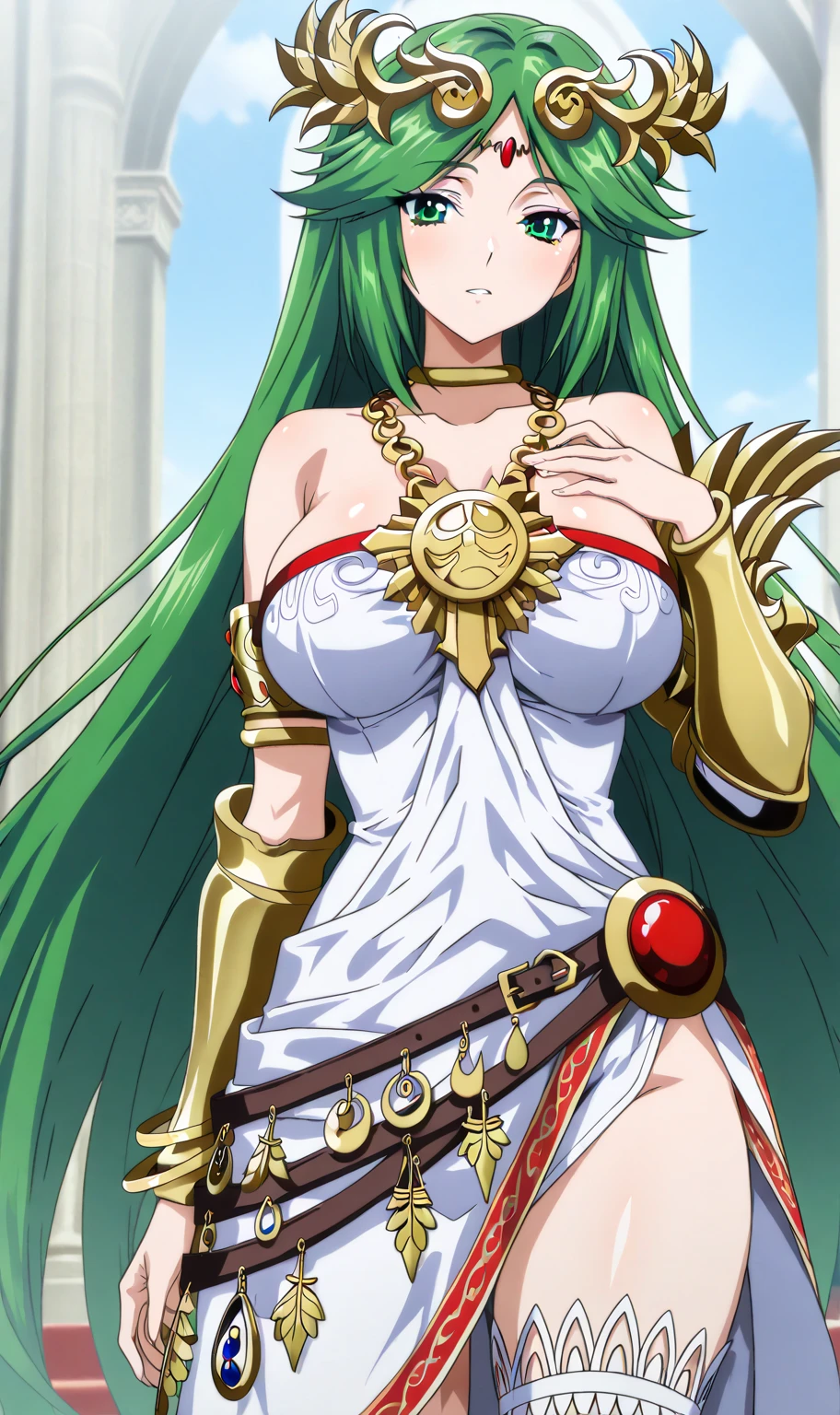 1990s anime cels style, 1990s manga style, best quality, high resolution, 1girl, (huge breasts:1.2), Beautiful face, smile, hmpa1, palutena, parted bangs, tiara, large breasts, necklace, bare shoulders, strapless dress, vambraces, belt, white dress, white thighhighs, single thighhigh