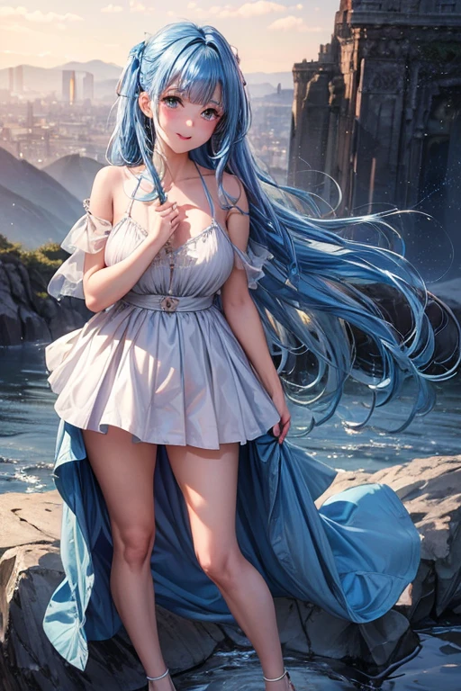 (Highest quality photos of Venus in a white see-through silk toga:1.2),(very delicate and beautiful work:1.2),(she is the embodiment of beauty and charm, Her clothes are soft and light like air..,)She is a very beautiful and attractive woman, Beautiful and sophisticated woman(A fantastic world woven by aurora and light particles, wind blowing through, flowing hair, blue tone:1.3),(surrealism) (perfect anatomy:1.1),ancient ruins, temple ruins, ancient greece , shiny skin ,(super detailed顔), fine eyes, glossy lips, subtle smile, looking at the viewer,cleavage, physically thin, beautiful figure, elegant, Bright colors , (highest quality, table top, super detailed, 超A high resolution, realistic, Raw photo,8K, absurd, absolute resolution,:1.4),