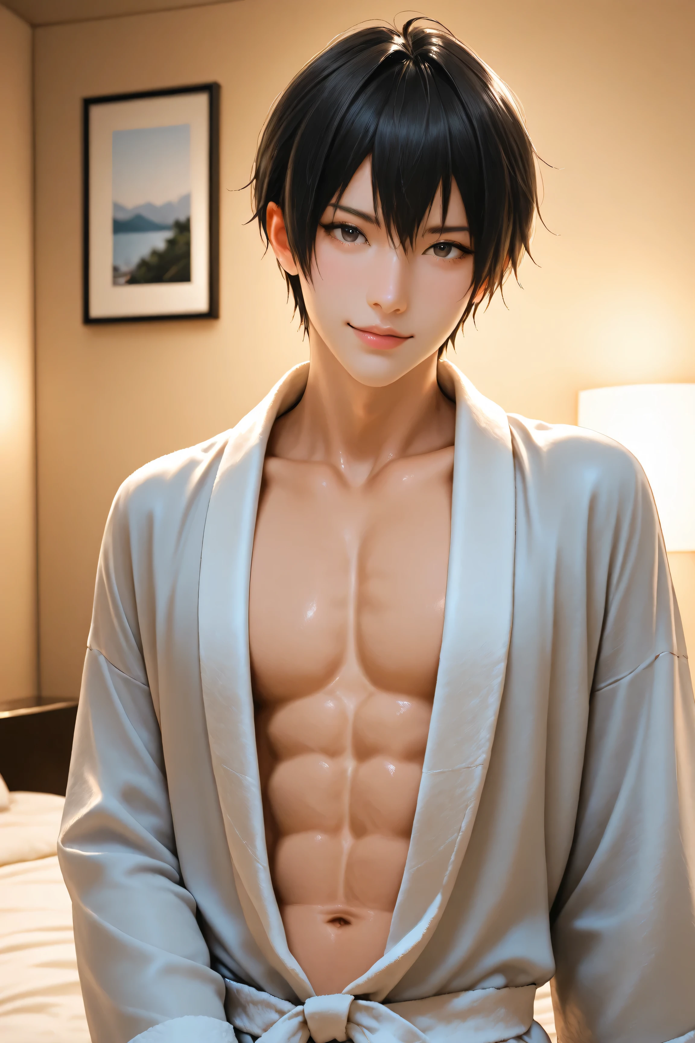 Best Quality, ultra detailed, Photo realstic,
(solo boy), black hair, slim, idol, private, clandestine meeting in hotel room, bathrobe, looking for viewer, abs, seducing, (smirk:0.6)