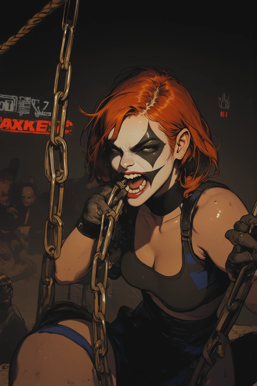 1 Female Pro Wrestler,heinous and outrageous,villain,with black makeup applied to their faces,Arafif woman with short orange hair and black makeup holding chains,I'm bitten by the chain I'm holding in my hand,A movie with a groaning sound,超villainのアムランス,Pauline Hanson as the Joker,超villainのパク・シネ,超villainのイ・ジウン,Menacing look,emphasizes readiness for action,villainの女子プロレスラーが両手で太い金属の鎖を持っている.against the backdrop of a dim arena,black gloves fingerless It matches the intensity { x} Capturing the power and play of pro wrestling.is dressed in black wrestling wear accented with blue horizontal stripes,A tense atmosphere that matches the intensity of the scene.their ferocity is further accentuated,adds depth and strength,The atmosphere is intense with anticipation and strength.The short, bright orange hair is impressive,ropes and ambient lighting.Can't see the audience,The presence of steel,the steel chain shines in the spotlight.with a sense of anticipation and strength,black gloves fingerless.cowboy shot,cinematic lighting that accentuates breasts,Dynamic Angles
