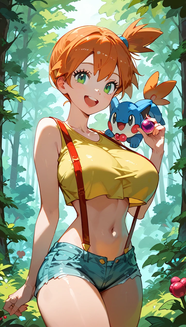 Pussy,Pussy,genital,Vivid colors,Brown Hair,Big collar、A garment with an open chest design,Exposed breasts,Pants with no fabric in the crotch area,露出したPussy,(beige skin,Beige breasts,Beige thighs,Pink nipples,)Light blue eyes,A picture of a woman holding a monster ball, Pokemon Misty, Gainax Anime Style, Also, Masamune Shirow, Inspired by Rei Kamoi, inspired by Un'ichi Hiratsuka, Singey, Cool pose, dramatic Grin pose, Female protagonist 👀 :8, Grin, rei hiroe