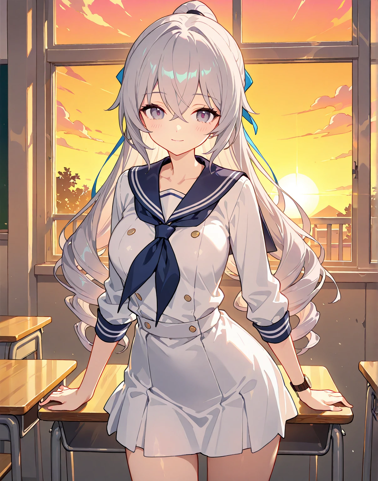 1girl, firefly \(honkai: star rail\), hairband, classroom, serafuku, sailor collar, pleated skirt, thighhighs, sunset, blush, cowboy shot, looking at viewer, facing viewer,  light smile, sunset, window, backlighting, depth of field , masterpiece, best quality, high quality, highres, ultra-detailed, <lora:Char-HonkaiSR-Firefly-XL-V1:0.9>