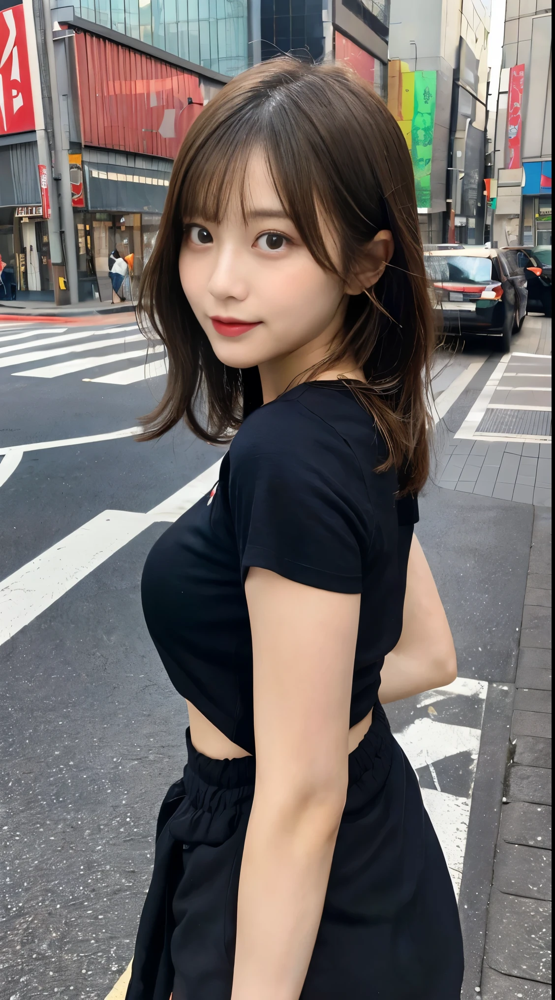 ((Midnight, Highest quality, 8K, masterpiece :1.3)), whole body, Long legs, Sharp focus :1.2, Beautiful woman with perfect figure :1.4, Slim Abs :1.1, ((Dark brown hair, Big Breasts :1.2)), (White tight T-shirt,Are standing:1.2), ((Night city view)), Highly detailed face and skin texture, Fine grain, double eyelid, sunset, Darken, Backlight, Off the shoulder