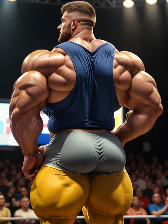 (RAW style, masterpiece, best quality, ultra-detailed), A captivating mid-age heavy trucker-driver portrait, bald, Strong and muscular with a hairy, big belly bodybuilder physique, showing a very hairy groin area, Realistic and Dynamic Lights illuminating every detail, Old and weathered features with visible stubble, Full Shot for maximum impact, Trending on ArtStation and CGSociety for its High Detail and Sharp Focus, Dramatically lit with intriguing shadows, radiating a raw, photorealistic Reality, detailed speedo, big underwear bulge, from behind
