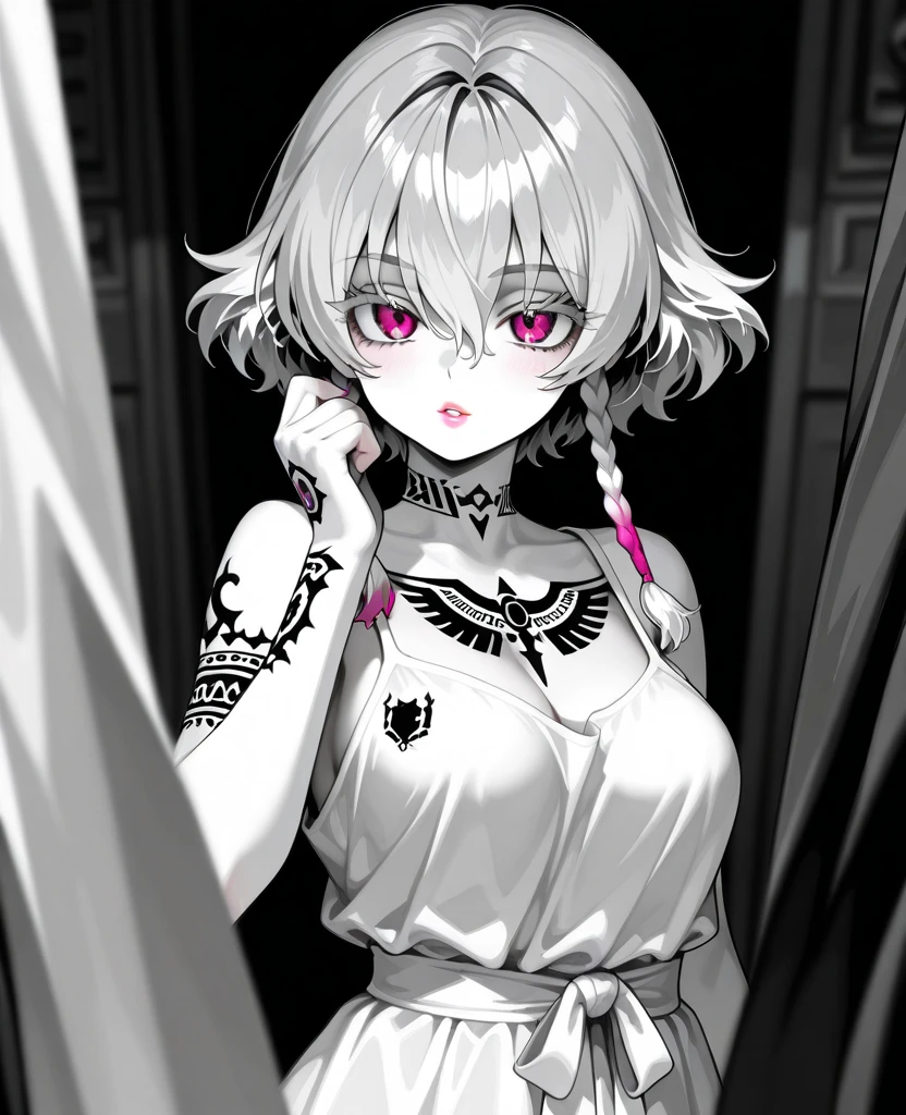 (best quality), ultra res, highly detailed, turned at viewer, anime style, (face shoot), medium length hair, white hair with lilac at the ends, black bikini, (looking at viewer), pink heart necklace, straight hair, black clothes, a pink heart tattoo on right cheek, lace dress, black lace, girl, clear face.