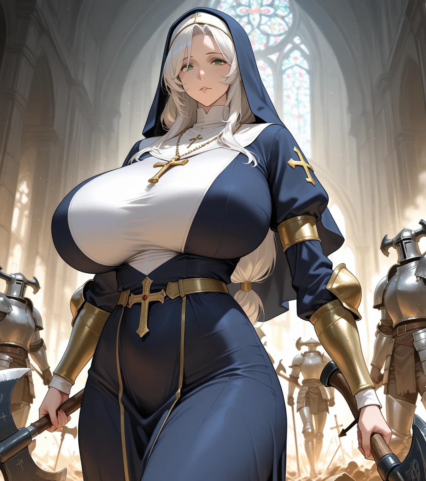 (masterpiece, top quality, best quality, official art, beautiful and aesthetic:1.2), (1girl:1.3), light freckles, fair skin, extremely detailed, portrait, looking at viewer, solo, (full body:0.6), detailed background, close up, (warm grasslands theme:1.1), holy paladin knight, charlatan, smirk, mysterious, swaying in mountains, modest attire, ((((ornate white and gold armor)))), cowl, nun hood, wimple, boob armor, cowl, chain mail, chainmail, leggings, chainmail leggings, chain mail leggings, breastplate, gorget, hood, pauldrons, greaves, armored, long boots, longsword, shield, cape, cloak, pearly metal, white metal, pale leather, ((((gigantic breasts)))), slim waist, slim hips, long legs, medieval (mountain exterior:1.1) background, dark mysterious lighting, shadows, magical atmosphere, dutch angle,