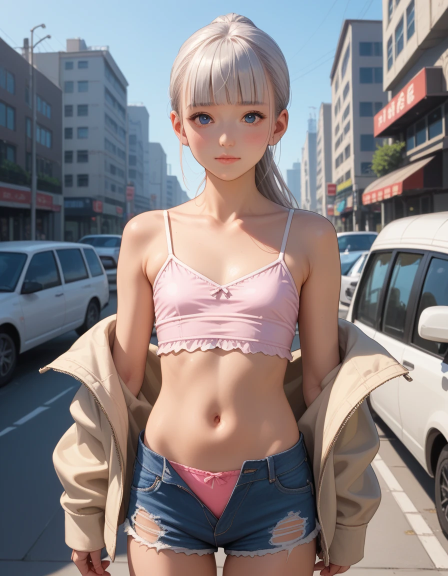 Top image quality、NSFW、Shopping naked、Going out naked、shopping street、 Nude Models、zori、The morning sun shines in the light、fullnude、barechested、passive、A strong wind blows and the hair goes wild、barechested、14years、fullnude、3、Luxurious hair ornament with feathers、2.5th Dimension Girl、８Head and body、A slender、Little Devil's Expression、Very skinny、Luxury、skinny、Ribs、A-cup breasts、discreet breasts、Smaller chest、small tits、beauty legs、Constricted waist、dented belly、Beautiful silver hair、collage、Toe to toe,Knitted sandals、pure love、Crowd background、Backgrounds that look like real photos、open one's legs、