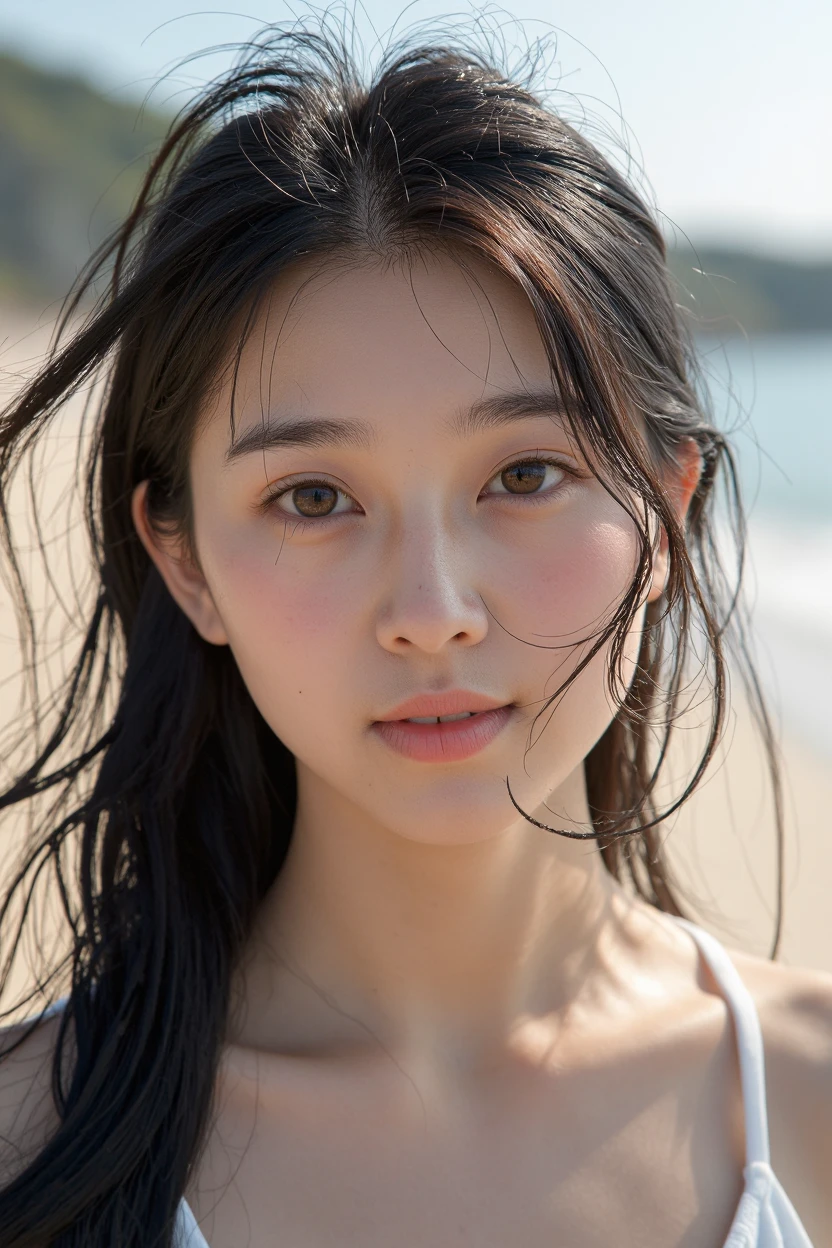 Japanese women、Clothes that do not expose skin、Close-up of face、Ocean、Facing forward