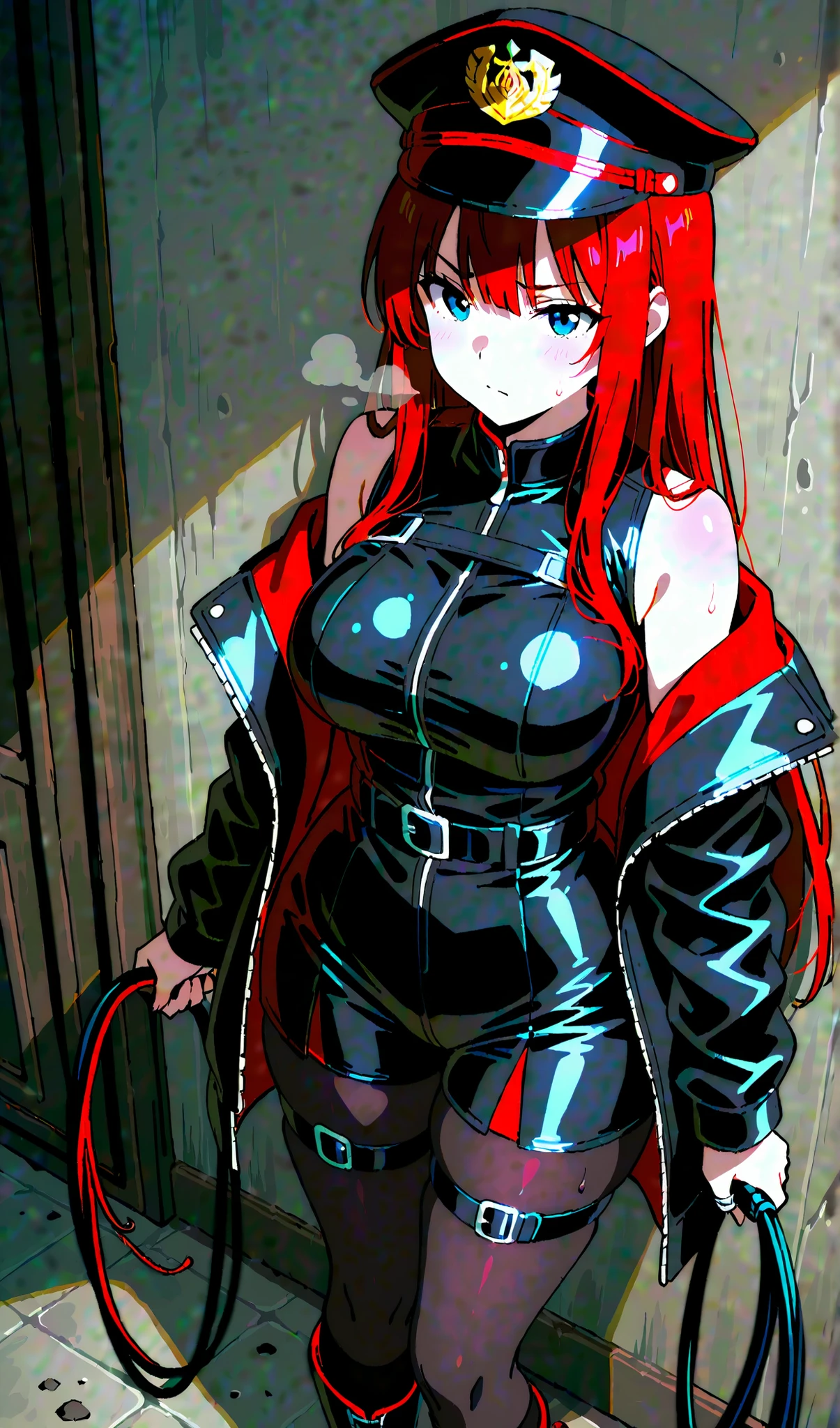 20 year old woman, busty, bubble butt, hourglass figure, skinny, blushing, embarassed, shocked expression, horny, seductive, long hair, red hair, twintail hair, wearing black dress, zipped corset, black stockings, knee high boots, tight fitting clothing, anime, night, city, neon city, punk, punk style, punk hair, ((open mouth)), ((drooling)), ((wet)), bare shoulders, elbow gloves, frills, puffy dress, mid-length skirt
