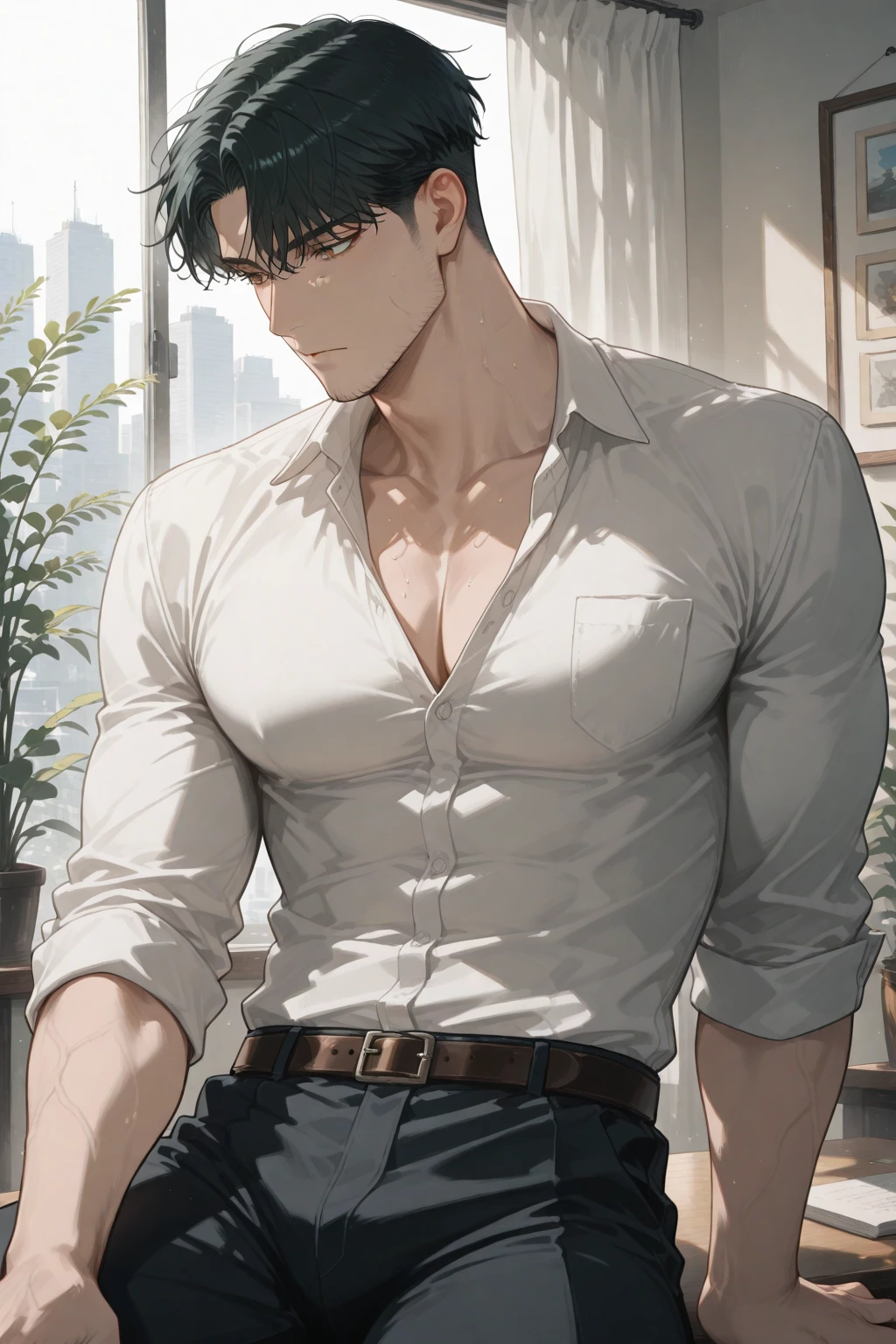 black hair boy, blue eyes, muscular, hot and sexy sweaty body, wearing elegant white shirt, tie, black pantaloon, sitting on a bench