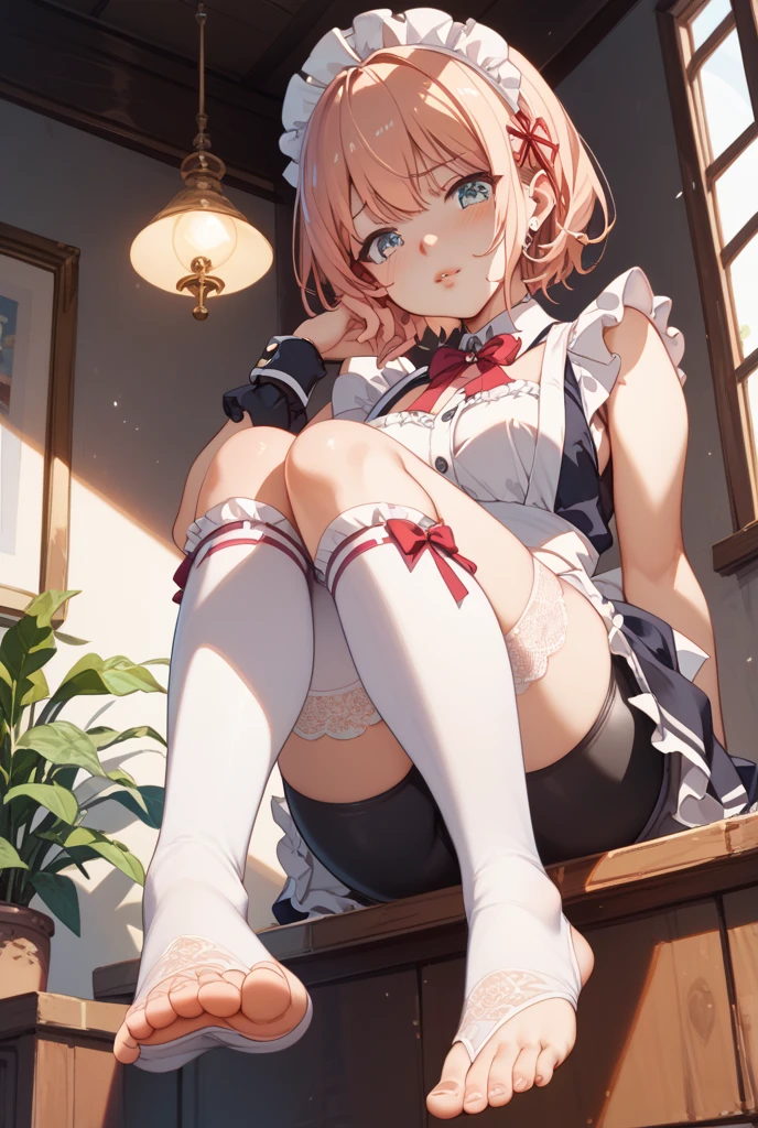 (masterpiece:1.05)、(top-quality:1.05)、1girl in、beautiful and detailed face, Detailed eyes, Cute gray hair loli, White skirt、(((The skirt length is short))), Navel is visible, (((pink sailor suit))),(((lift up one's skirt)))、White knee socks, (((panties on)))、lace trimmed_pantiy、Wet panties、Cat's ears,beautifull hands、Good Hand、((Detailed panties))、Shy smile,