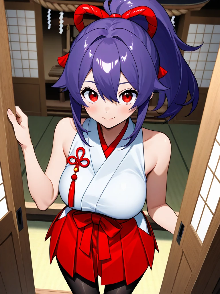 ((best quality)),((highly detailed)),masterpiece,absurdres,detailed face,beautiful face,(detailed eyes, deep eyes),1girl,((dynamic pose)) solo, breasts, japanese clothes, long hair, cleavage, large breasts, miko, purple hair, triangular headpiece, ghost, black eyes, kimono, collarbone, upper body, bangs, hime cut, parted lips, blunt bangs, white kimono, medium breasts, lips, smile, forest, night