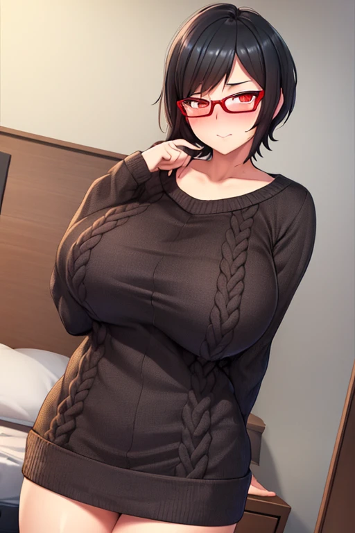 mature woman, hair over one eye, golden eyes, Tomboy, sitting on the ground, black turtleneck sweater, looking at viewer, bed, black short hair with a ponytail, books lying around, bedroom background, round glasses, bags under eyes, tired, reading a book, shy, solo