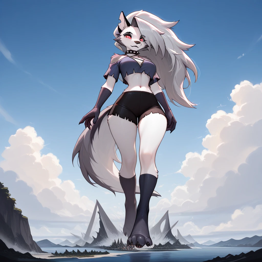 score_9,score_8_up,score_7_up, source_cartoon, source_furry, masterpiece, best quality, loona hellhound, loonacroptop, loonashorts, detailed face, detailed eyes, (slit pupils, white eyes), red sclera, happy, [smile, [spiked collar]], pentagram, fingerless gloves, shorts, digitigrade, standing, beach, sunny rays, (kick pose, high kick, Kick action), dynamic angle, feet focus, solo,