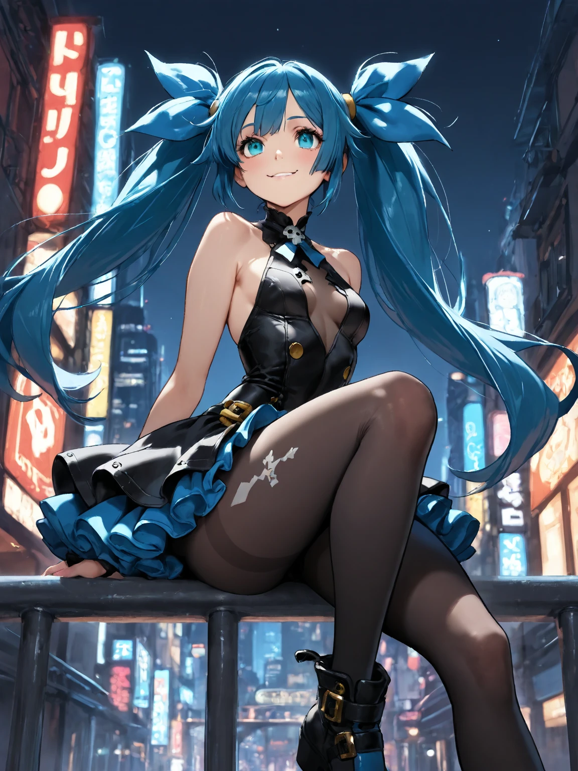 natta, Colorful cyberpunk city background, street girl,Nazuna Shichikasa, With Fukano Yuta, blue color eyes, eye disease, black sock, The light from the back window is backlighted, shine, Survey your audience, Low Angle Lens, looking up lens, Perfectcomposition, Perfect refinement of light and shadow, 8K,Big breasts Hatsune Miku