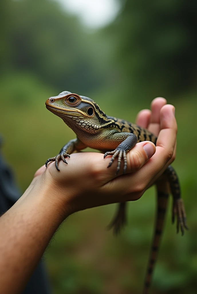 photo of a person's hand holding the leg of a crocodile-headed frog, so that the frog appears to be hanging upside down when the leg is held