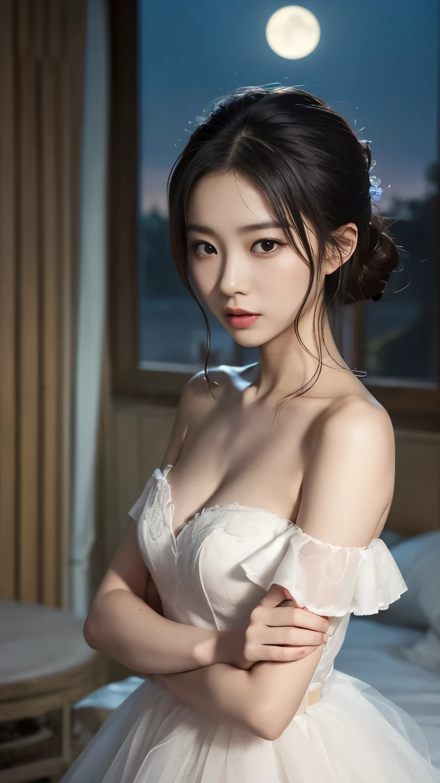((gufeng, Bare shoulders)),(masterpiece, best quality:1.2), 1 Girl, Solitary, Deep in Wonderland,Moonlight falls like water,Foggy Room,The heroine's figure is vaguely visible,Like a fairy in a painting,Slender sexy legs,Very beautiful legs,Leaking sexy legs,Large Breasts,美丽而又带着一丝mystery的色彩。Her face is beautiful and delicate,Like a finely carved jade,Showing extraordinary beauty。The eyebrows are so pretty,The waves in my eyes are like twinkling stars,Show the light of perseverance and wisdom。The bridge of the nose is straight,Cherry lip color,The slightly upturned corners of the mouth reveal confidence and calmness。Her face is chiseled,Skin like jade,Reveal healthy glow,Just like fairies, She never eats worldly fireworks。Her makeup is light and delicate,No excessive embellishment,But it is enough to show her temperament and charm。Light foundation highlights the translucence of the skin,A light eyebrow pencil outlines her perfect eyebrow shape,Eye makeup is eye shadow and eyeliner,Make her eyes brighter、Energetic。嘴唇涂上grace的口红,Add a touch of charm and sophistication。她的衣服grace别致,Clothes fluttering,As if the wind will blow it up at any time,Drifting away。既不失grace,She also showed her extraordinary ball skills。Swaying with her movements。Her hair was tied back casually.,Secure with a jade hairpin,A few strands of hair fluttering gently in the wind,Add a touch of softness。Her figure looms in the fairyland,宛如一道Large Breasts美丽的风景线,Attracted everyone's concern。She seems like a fairy in wonderland,Large Breasts美丽、grace、mystery、Full of power。
