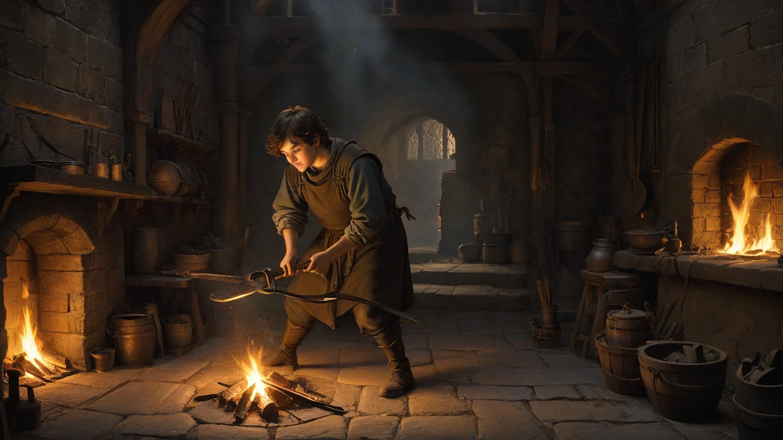 10 year old young boy in greece inside a round domed ancient architecture structure. standing next to red glowing heated charcoal furnace, short, wearing viking tunic with leather apron, photo realistic, full portrait, 8k, simple mosaic floors, cute attractive boy next to anvil holding hammer, hd, skyrim,