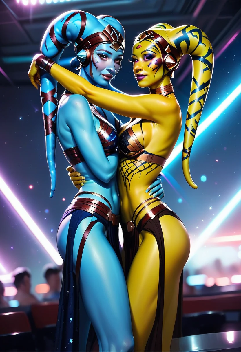(masterpiece, best quality, ultra-detailed), AhsokaTano, orange skin, blue eyes, makeup, blue string bikini, vambraces, fingerless gloves, blue skirt, looking at viewer, standing by the pool, sexy, smile