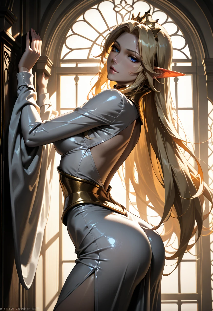 woman, 20's, beautiful, hero, blond hair, golden eyes, bangs, long hair, chlotes, had silver sword, large breast, sexy, overly voloptuos body, nude, naked, nipple, legs, open legs, thick legs, vagina, ass, facing me, 