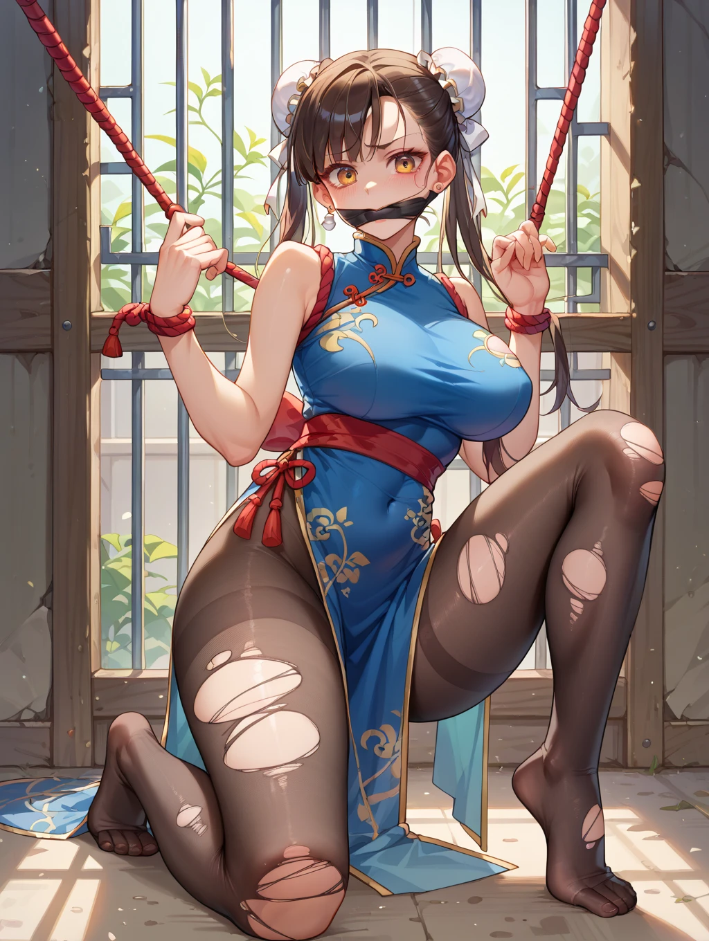 (Highest quality)((Clear images with every detail))beauty、Big Breasts、((Tied up with rope)).Tortoiseshell binding、((((The body is tightly bound with rope))))、Tight clothing、((Rough skin that bites into the body々New rope))(Dark Dungeon)、Skinny body、((There are many tattoos all over the body))(((Black sexy underwear)))Glasses、Shortcuts、((whole body muscular))Tight clothing、((torture chamber))Guillotine room, Iron Maiden, Torture Devices、(((A woman hanging from the ceiling with a rope)))、(((Black tight bodysuit)))(Tight clothing)((M-shaped spread legs))