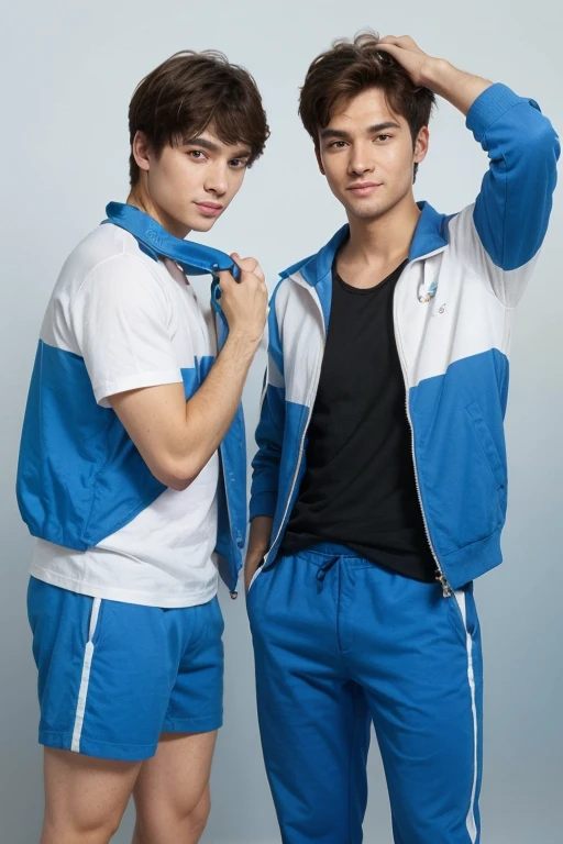 anime character,male,a mix of body between a boy and a girl,black and somewhat messy hair,blue eyes,a smile, black pants,blue shirt , White shoes, adolescent,