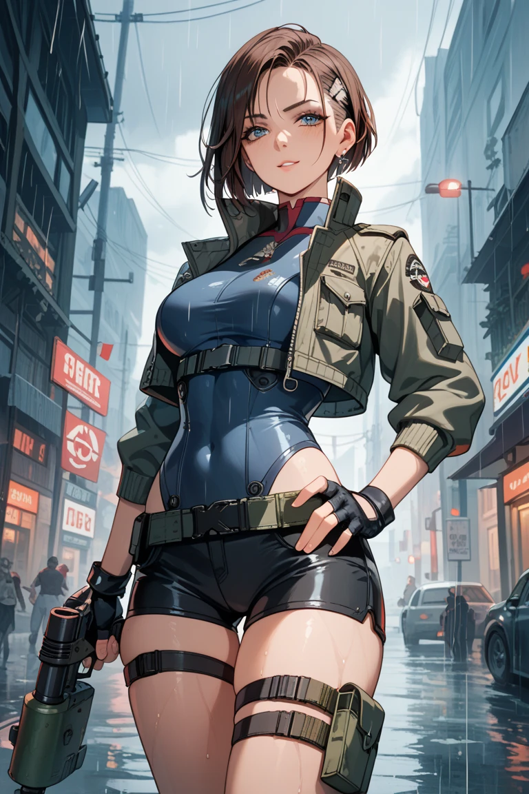 1girl, looks like CJ Miles, solo, long hair, revealing black ops tactical vest, large breasts, fit body, looking at viewer, tokyo street background, black hair, two side up, turtleneck, blue eyes, lips, closed mouth, ribbon, hair ribbon, bangs, full body, 6 pack abs, parted bangs, black ribbon, ribbed sweater, twintails, nose, sexy features